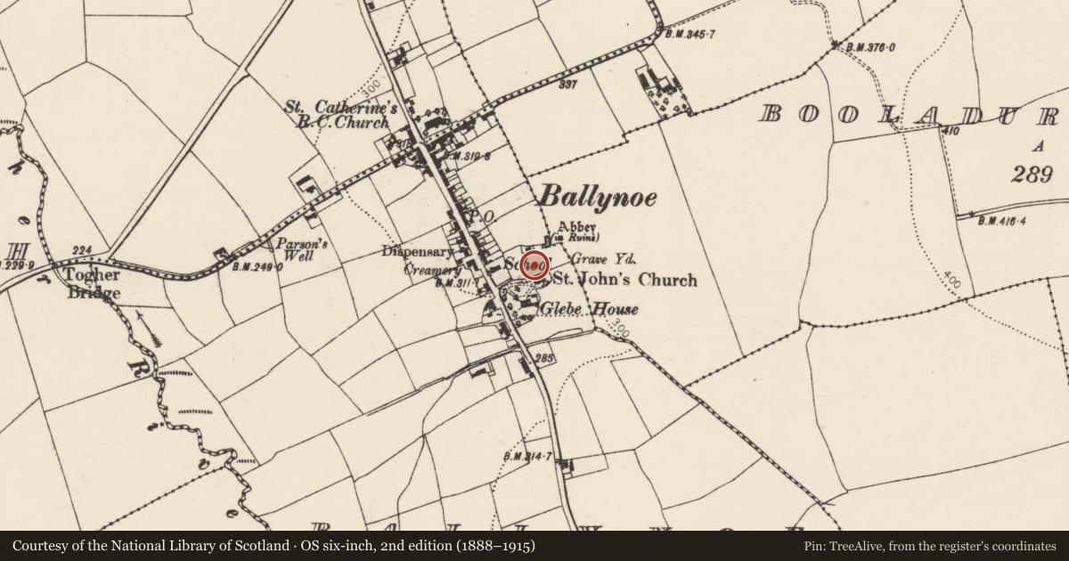 Ordnance Survey six-inch map, 2nd edition (1888–1915) covering the location of Graveyard, Ballynoe, County Cork, with a pin at the register's coordinates
