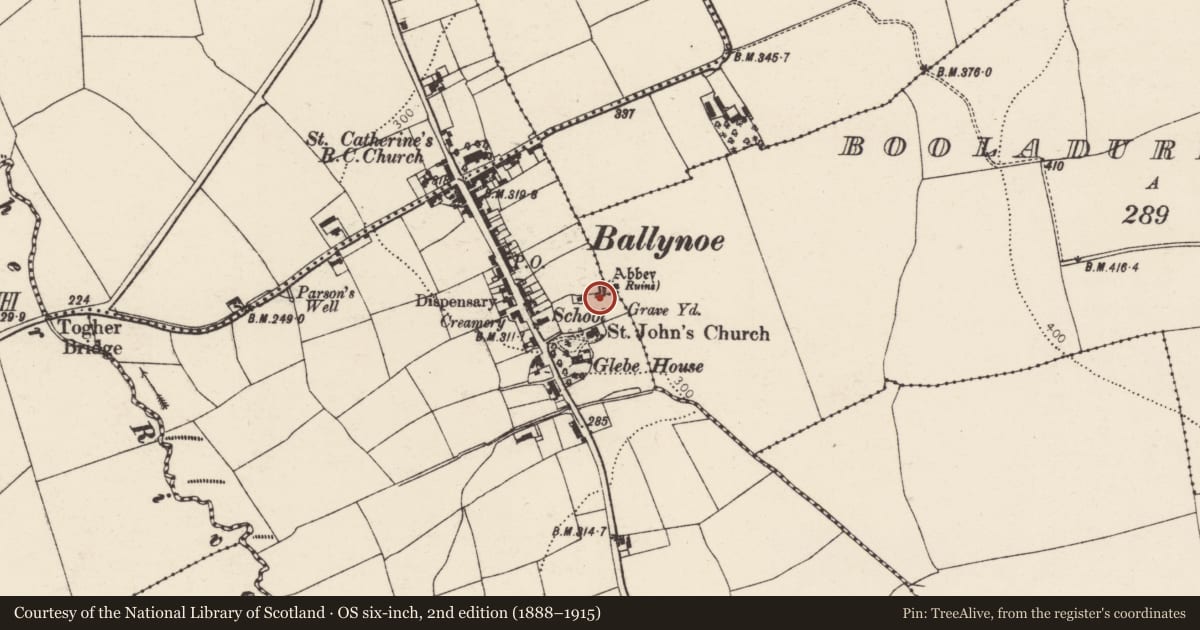 Ordnance Survey six-inch map, 2nd edition (1888–1915) covering the location of Cross, Ballynoe, County Cork, with a pin at the register's coordinates