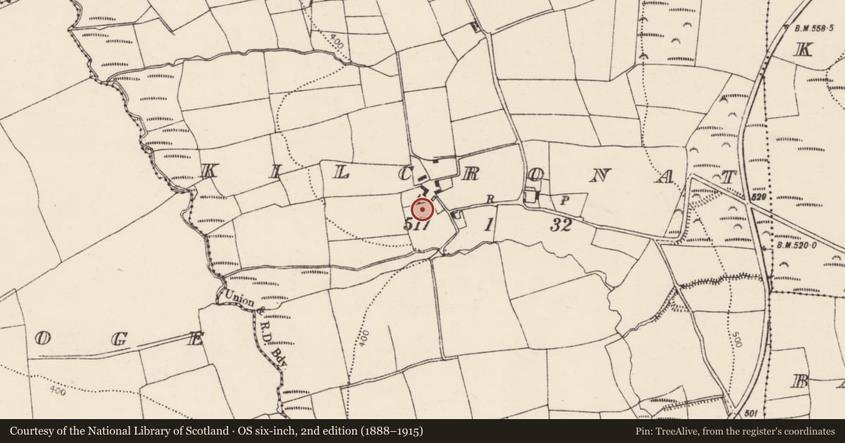 Ordnance Survey six-inch map, 2nd edition (1888–1915) covering the location of Burial ground, Kilcronat, County Cork, with a pin at the register's coordinates