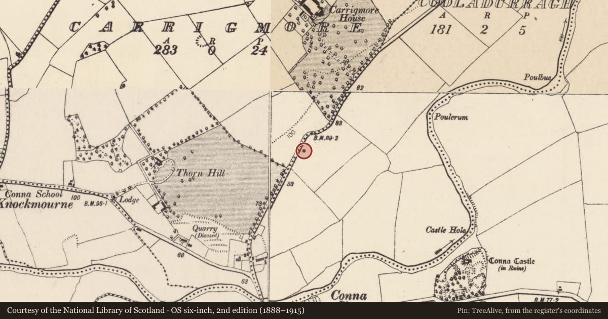 Ordnance Survey six-inch map, 2nd edition (1888–1915) covering the location of Enclosure, Cooladurragh, County Cork, with a pin at the register's coordinates