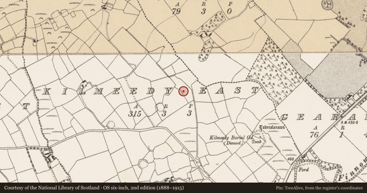 Ordnance Survey six-inch map, 2nd edition (1888–1915) covering the location of Fulacht fia, Kilmeedy East, County Cork, with a pin at the register's coordinates