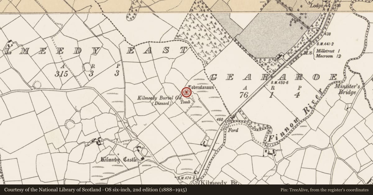 Ordnance Survey six-inch map, 2nd edition (1888–1915) covering the location of Burial ground, Kilmeedy East, County Cork, with a pin at the register's coordinates
