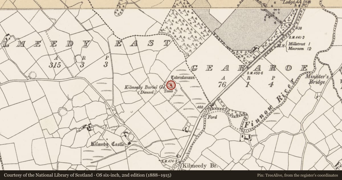 Ordnance Survey six-inch map, 2nd edition (1888–1915) covering the location of Mausoleum, Kilmeedy East, County Cork, with a pin at the register's coordinates