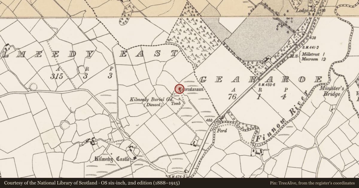 Ordnance Survey six-inch map, 2nd edition (1888–1915) covering the location of Ritual site - holy well, Kilmeedy East, County Cork, with a pin at the register's coordinates
