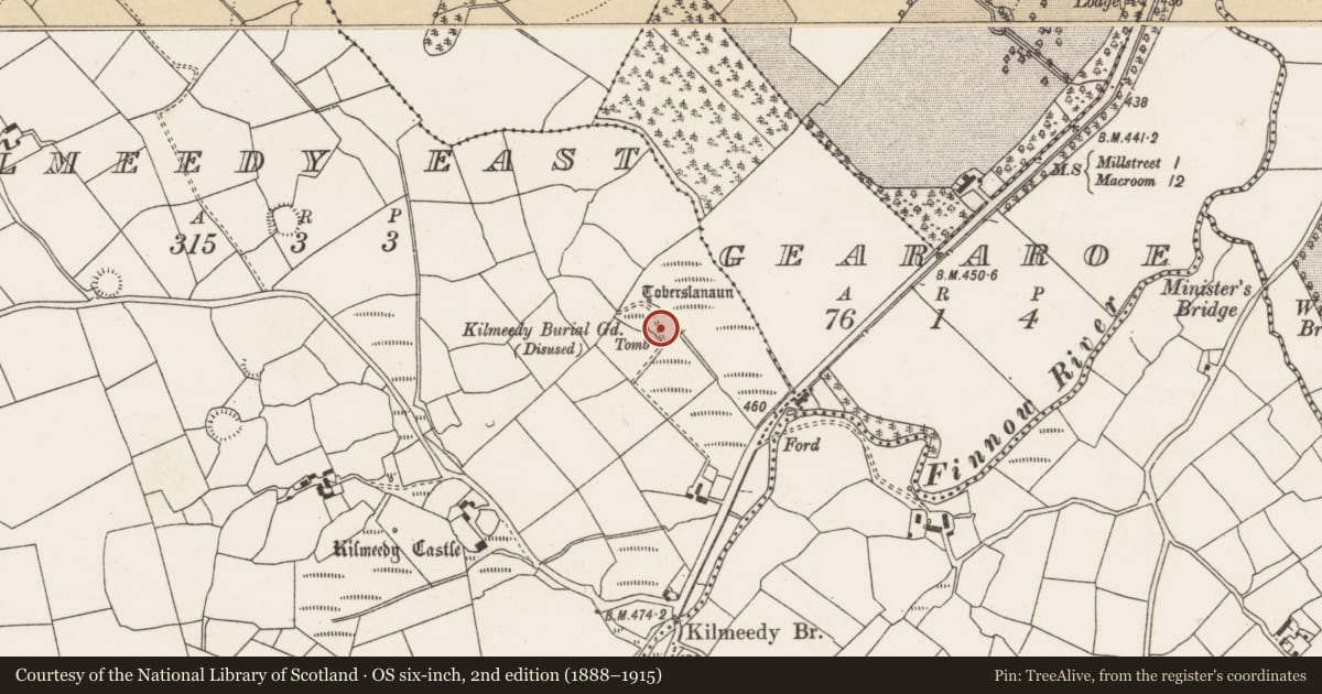 Ordnance Survey six-inch map, 2nd edition (1888–1915) covering the location of Bullaun stone, Kilmeedy East, County Cork, with a pin at the register's coordinates