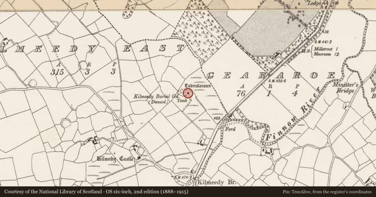 Ordnance Survey six-inch map, 2nd edition (1888–1915) covering the location of Church, Kilmeedy East, County Cork, with a pin at the register's coordinates