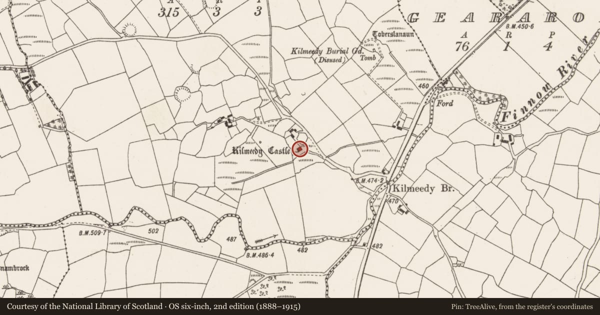 Ordnance Survey six-inch map, 2nd edition (1888–1915) covering the location of Castle - tower house, Kilmeedy East, County Cork, with a pin at the register's coordinates