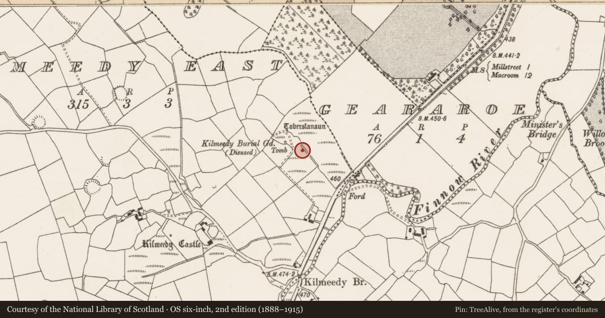 Ordnance Survey six-inch map, 2nd edition (1888–1915) covering the location of Fulacht fia, Kilmeedy East, County Cork, with a pin at the register's coordinates