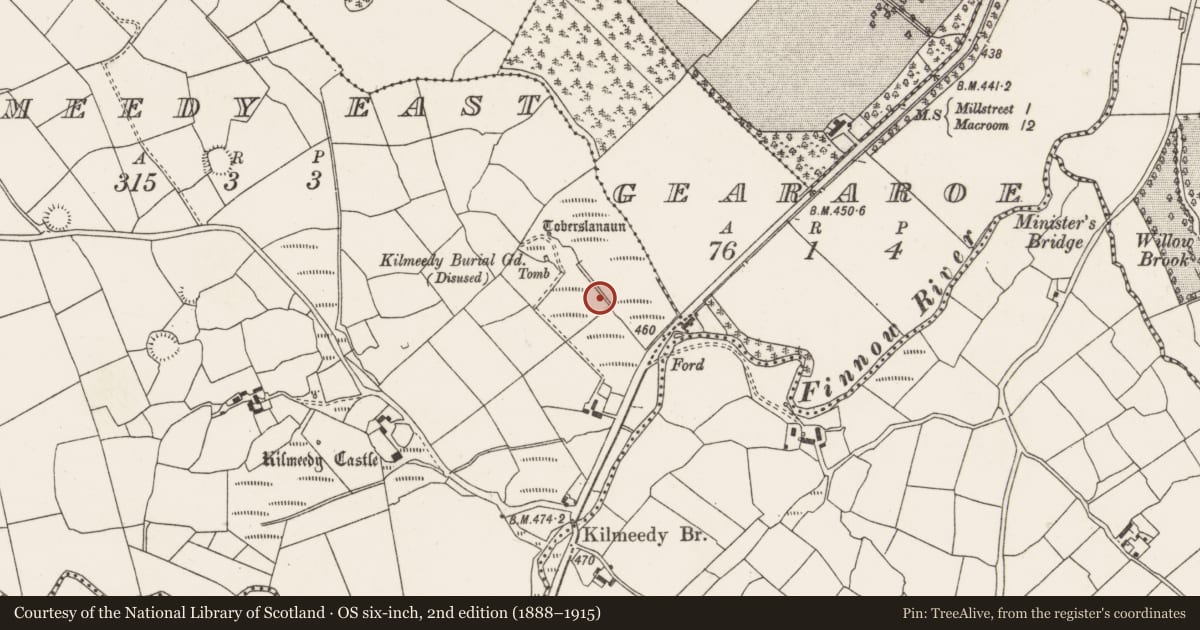 Ordnance Survey six-inch map, 2nd edition (1888–1915) covering the location of Fulacht fia, Kilmeedy East, County Cork, with a pin at the register's coordinates
