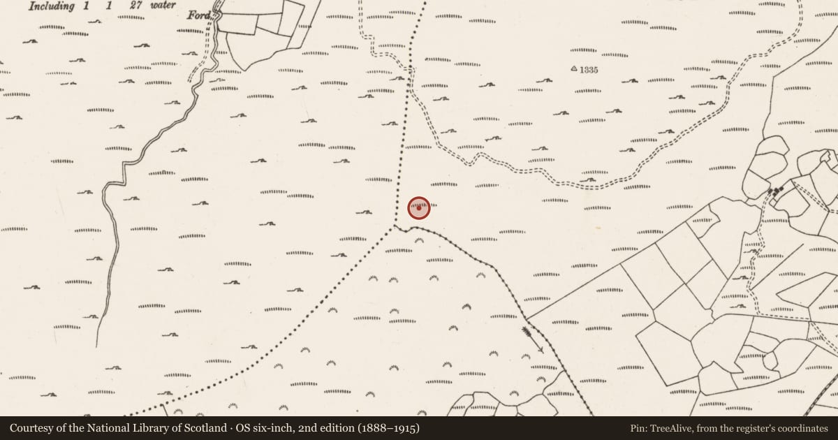 Ordnance Survey six-inch map, 2nd edition (1888–1915) covering the location of Stone circle - five-stone, Ballyvouskill, County Cork, with a pin at the register's coordinates
