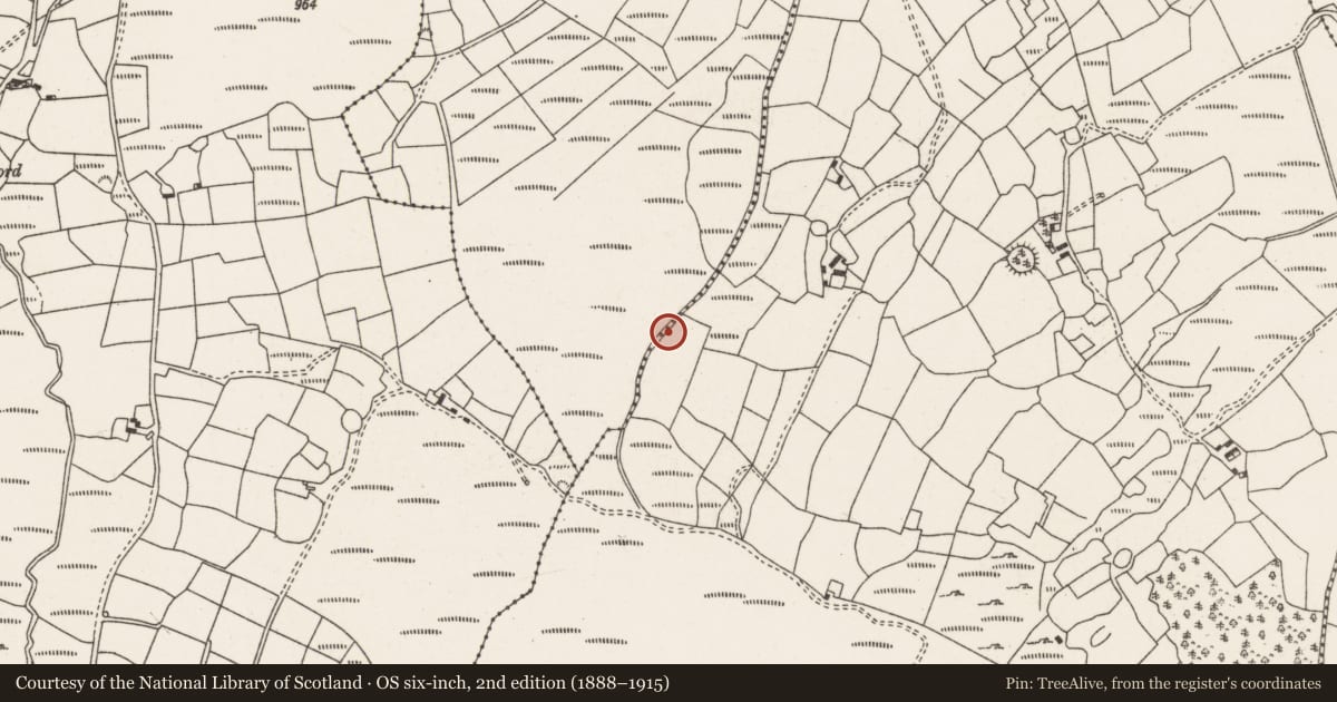Ordnance Survey six-inch map, 2nd edition (1888–1915) covering the location of Fulacht fia, Ballyvouskill, County Cork, with a pin at the register's coordinates