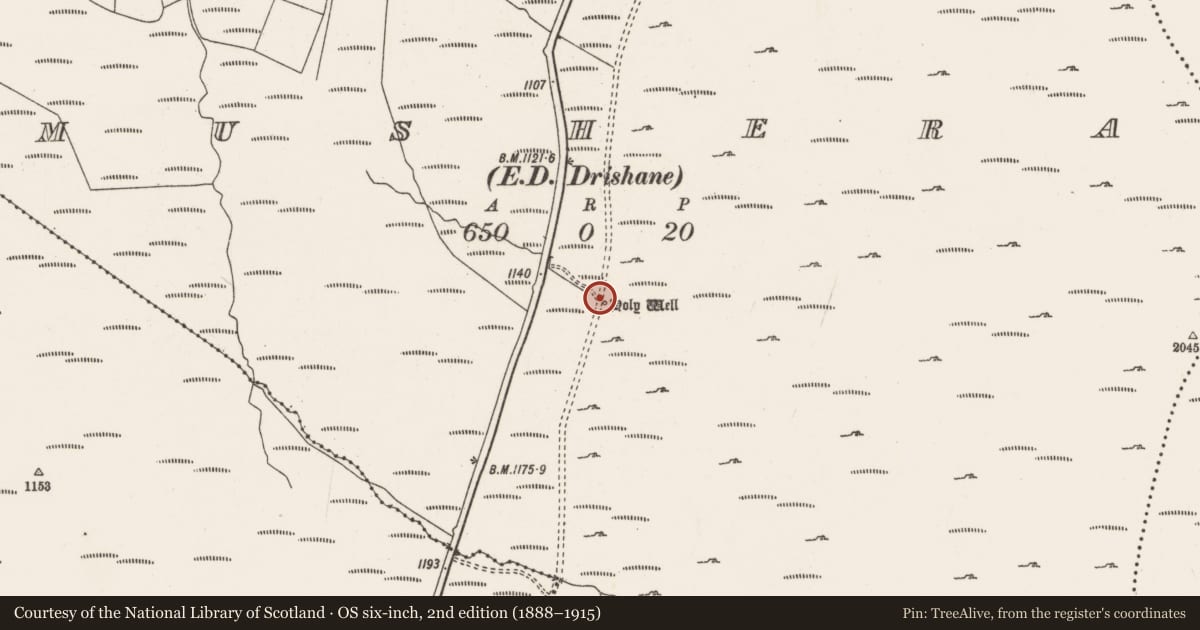 Ordnance Survey six-inch map, 2nd edition (1888–1915) covering the location of Ritual site - holy well, Mushera, County Cork, with a pin at the register's coordinates