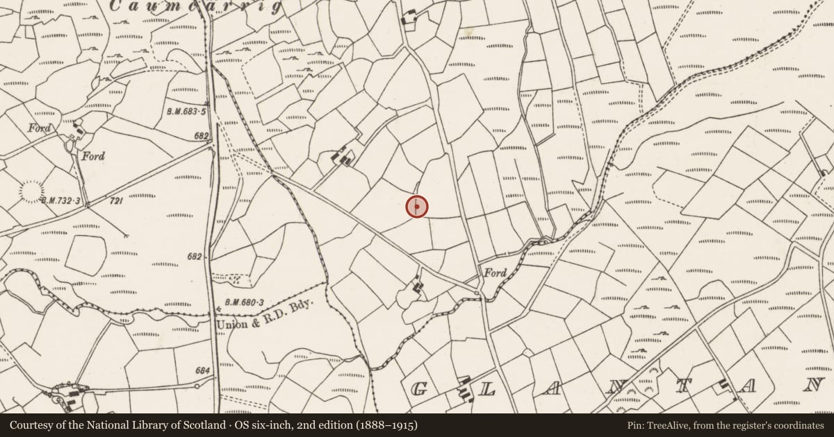 Ordnance Survey six-inch map, 2nd edition (1888–1915) covering the location of Enclosure, Carrigacooleen, County Cork, with a pin at the register's coordinates