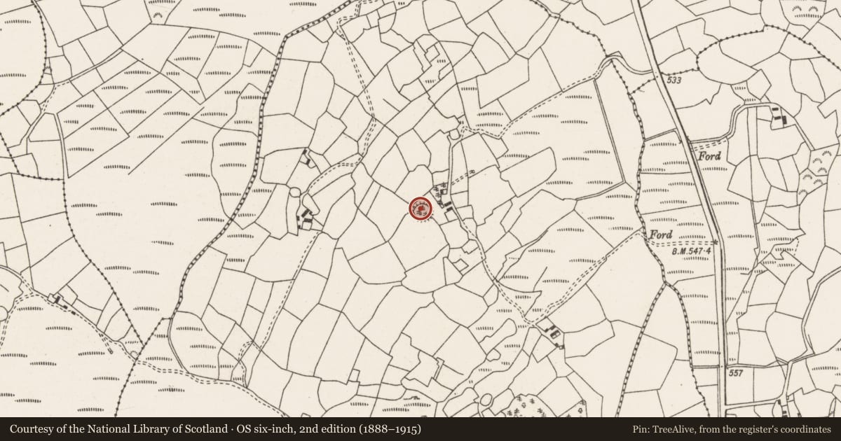 Ordnance Survey six-inch map, 2nd edition (1888–1915) covering the location of Souterrain, Ballyvouskill, County Cork, with a pin at the register's coordinates