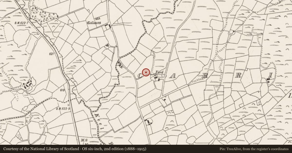 Ordnance Survey six-inch map, 2nd edition (1888–1915) covering the location of Fulacht fia, Carriganimmy, County Cork, with a pin at the register's coordinates