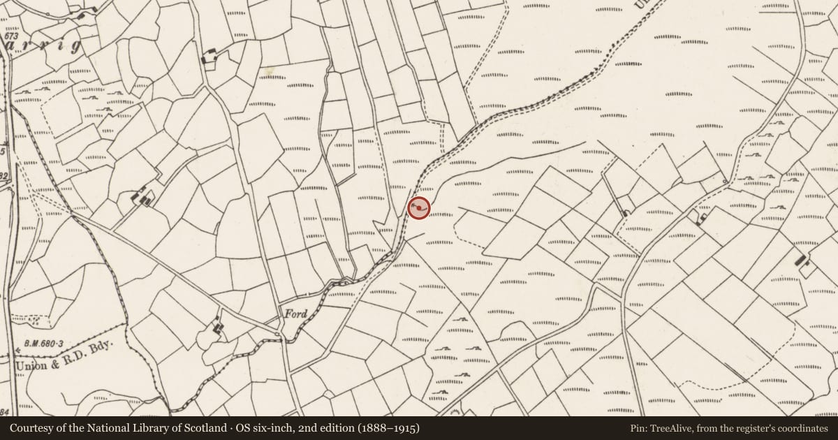 Ordnance Survey six-inch map, 2nd edition (1888–1915) covering the location of Fulacht fia, Glantane East, County Cork, with a pin at the register's coordinates