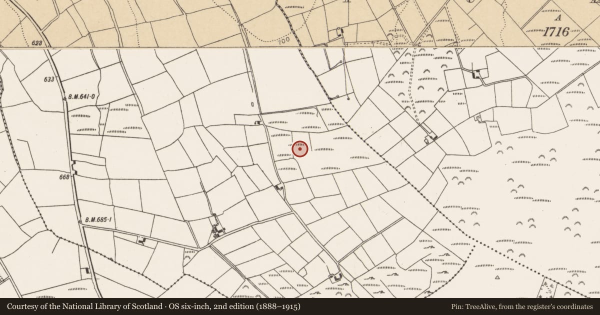 Ordnance Survey six-inch map, 2nd edition (1888–1915) covering the location of Fulacht fia, Liscahane, County Cork, with a pin at the register's coordinates