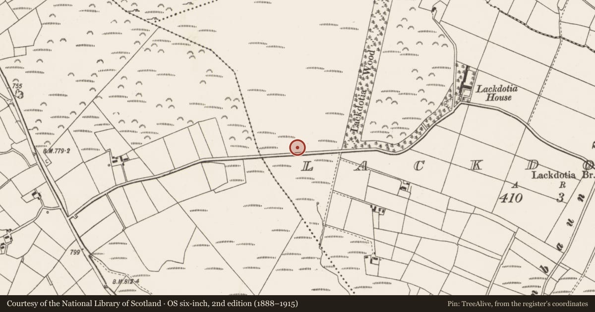 Ordnance Survey six-inch map, 2nd edition (1888–1915) covering the location of Stone circle, Lackdotia, County Cork, with a pin at the register's coordinates