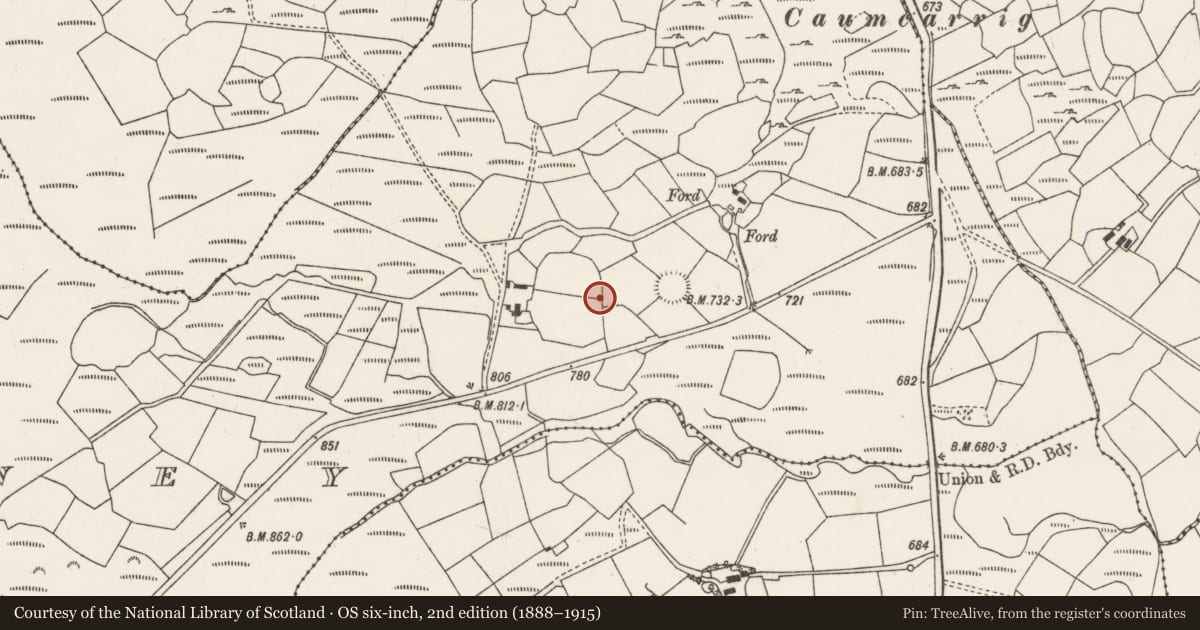 Ordnance Survey six-inch map, 2nd edition (1888–1915) covering the location of Boulder-burial, Caherdowney, County Cork, with a pin at the register's coordinates