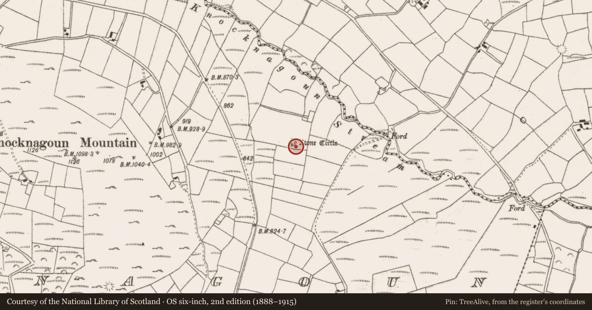 Ordnance Survey six-inch map, 2nd edition (1888–1915) covering the location of Enclosure, Knocknagoun, County Cork, with a pin at the register's coordinates