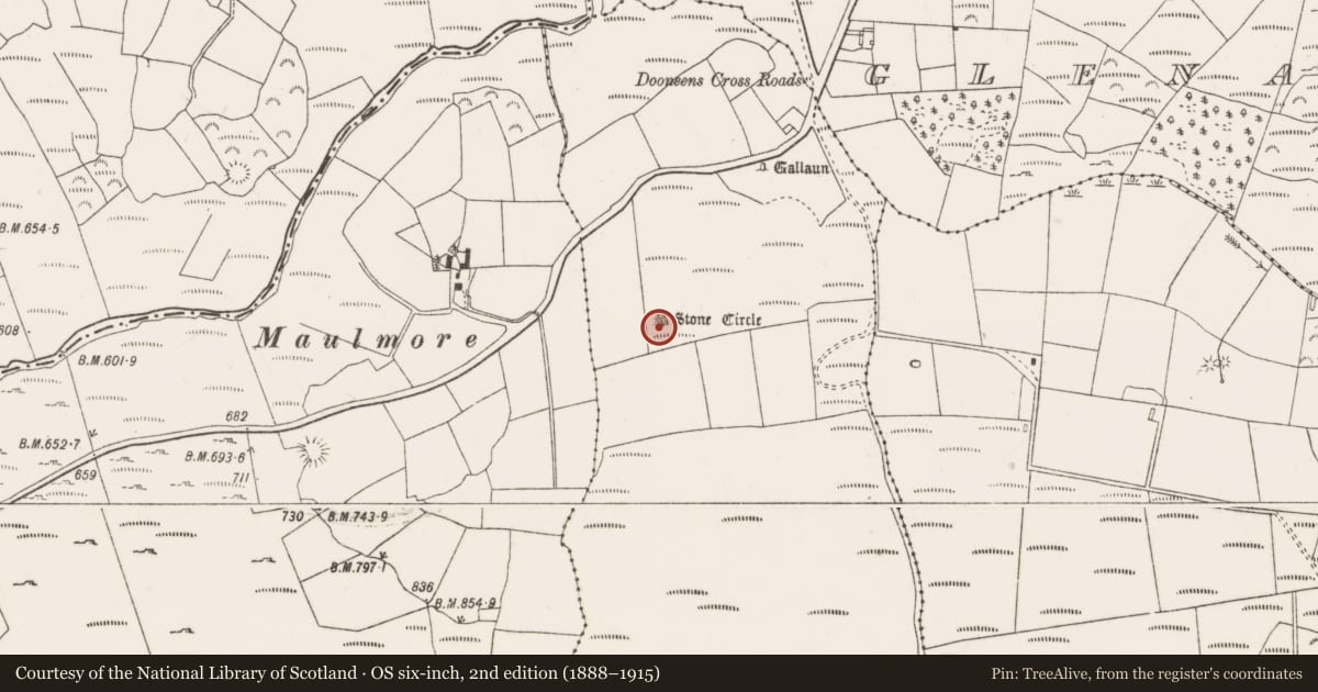 Ordnance Survey six-inch map, 2nd edition (1888–1915) covering the location of Stone circle - five-stone, Oughtihery, County Cork, with a pin at the register's coordinates