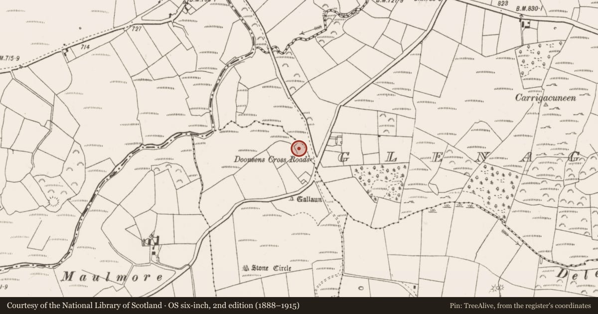 Ordnance Survey six-inch map, 2nd edition (1888–1915) covering the location of Standing stone, Oughtihery, County Cork, with a pin at the register's coordinates