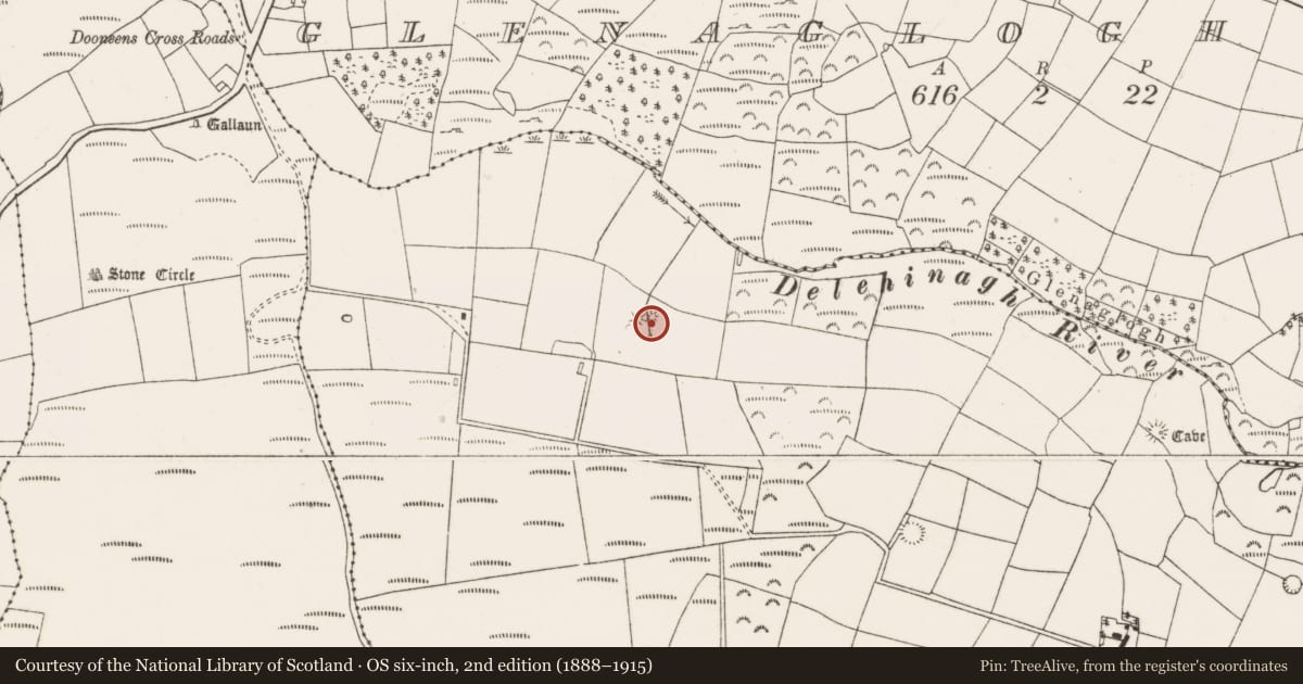 Ordnance Survey six-inch map, 2nd edition (1888–1915) covering the location of Fulacht fia, Glenaglogh South, County Cork, with a pin at the register's coordinates