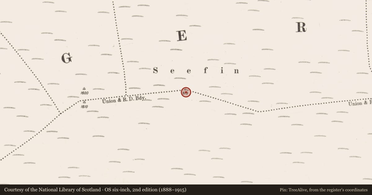 Ordnance Survey six-inch map, 2nd edition (1888–1915) covering the location of Cairn - unclassified, Ballynagree East, Carrigduff, County Cork, with a pin at the register's coordinates