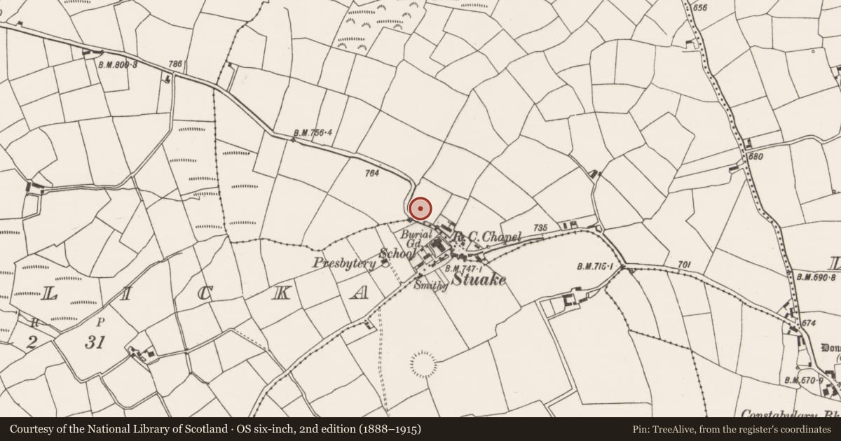Ordnance Survey six-inch map, 2nd edition (1888–1915) covering the location of Standing stone, Knockyrourke, County Cork, with a pin at the register's coordinates