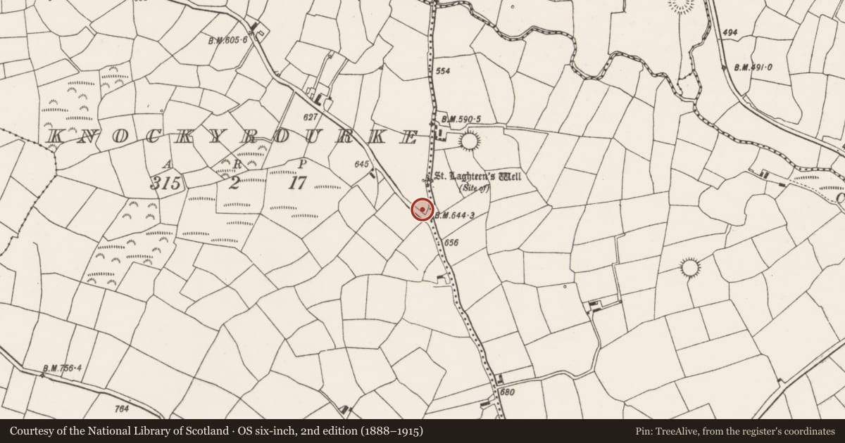 Ordnance Survey six-inch map, 2nd edition (1888–1915) covering the location of Burial ground, Knockyrourke, County Cork, with a pin at the register's coordinates