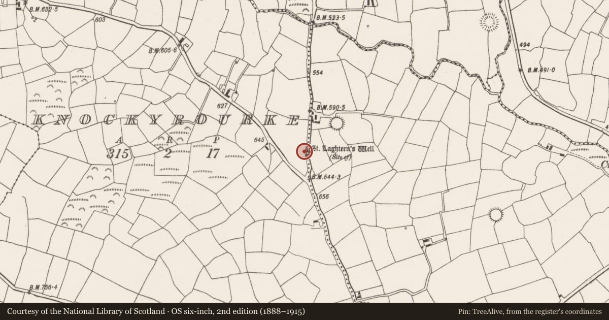 Ordnance Survey six-inch map, 2nd edition (1888–1915) covering the location of Ritual site - holy well, Knockyrourke, County Cork, with a pin at the register's coordinates
