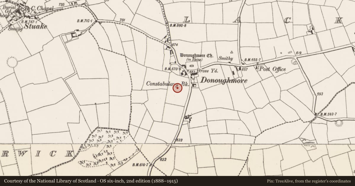 Ordnance Survey six-inch map, 2nd edition (1888–1915) covering the location of Standing stone, Lackabane, County Cork, with a pin at the register's coordinates