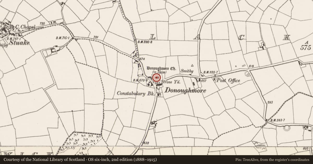 Ordnance Survey six-inch map, 2nd edition (1888–1915) covering the location of Graveyard, Lackabane, County Cork, with a pin at the register's coordinates