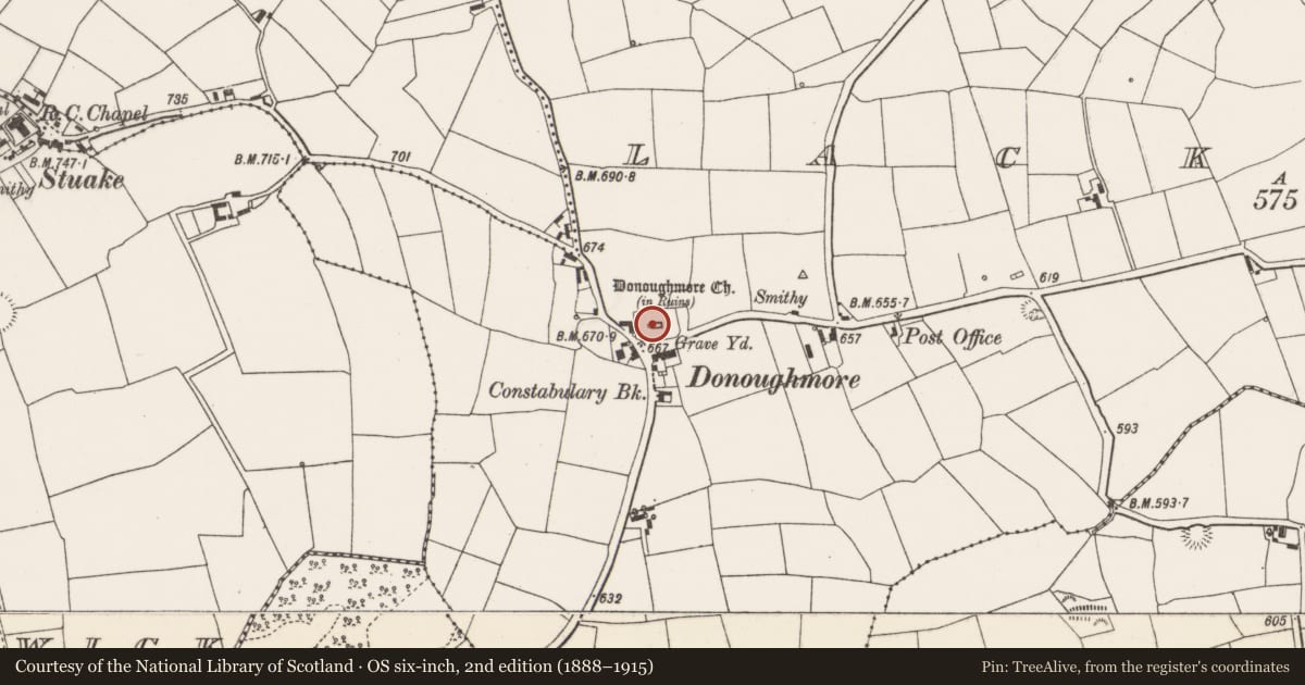 Ordnance Survey six-inch map, 2nd edition (1888–1915) covering the location of Church, Lackabane, County Cork, with a pin at the register's coordinates