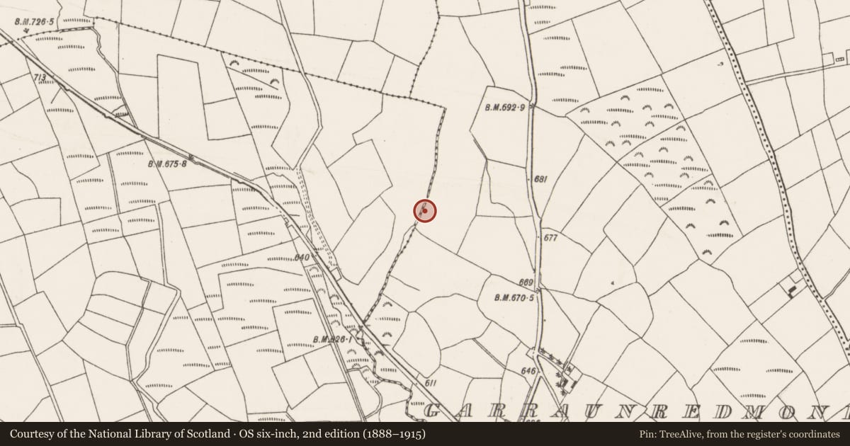 Ordnance Survey six-inch map, 2nd edition (1888–1915) covering the location of Fulacht fia, Garraunredmond, County Cork, with a pin at the register's coordinates
