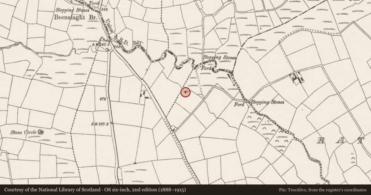 Ordnance Survey six-inch map, 2nd edition (1888–1915) covering the location of Fulacht fia, Coolmona, County Cork, with a pin at the register's coordinates