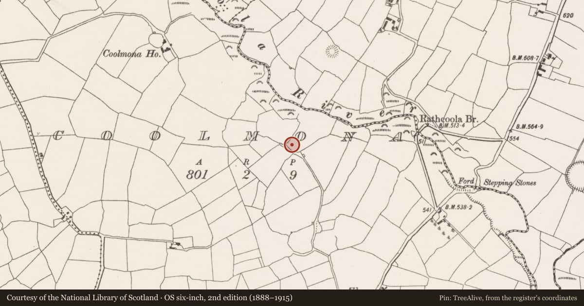 Ordnance Survey six-inch map, 2nd edition (1888–1915) covering the location of Fulacht fia, Coolmona, County Cork, with a pin at the register's coordinates