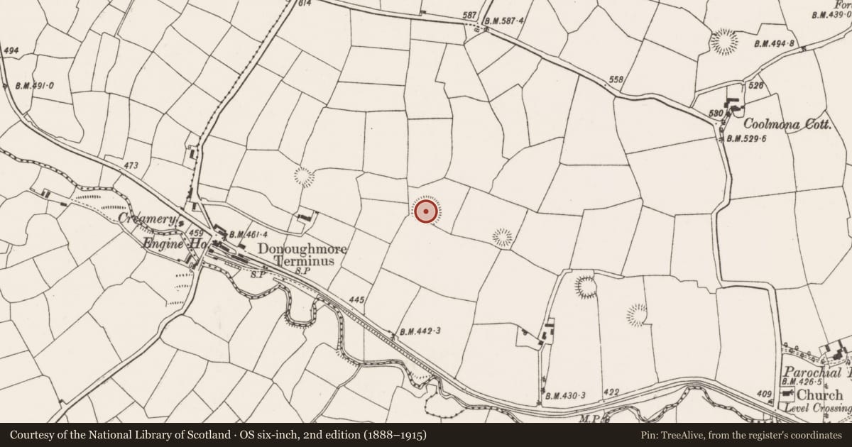 Ordnance Survey six-inch map, 2nd edition (1888–1915) covering the location of Ringfort - rath, Coolmona, County Cork, with a pin at the register's coordinates