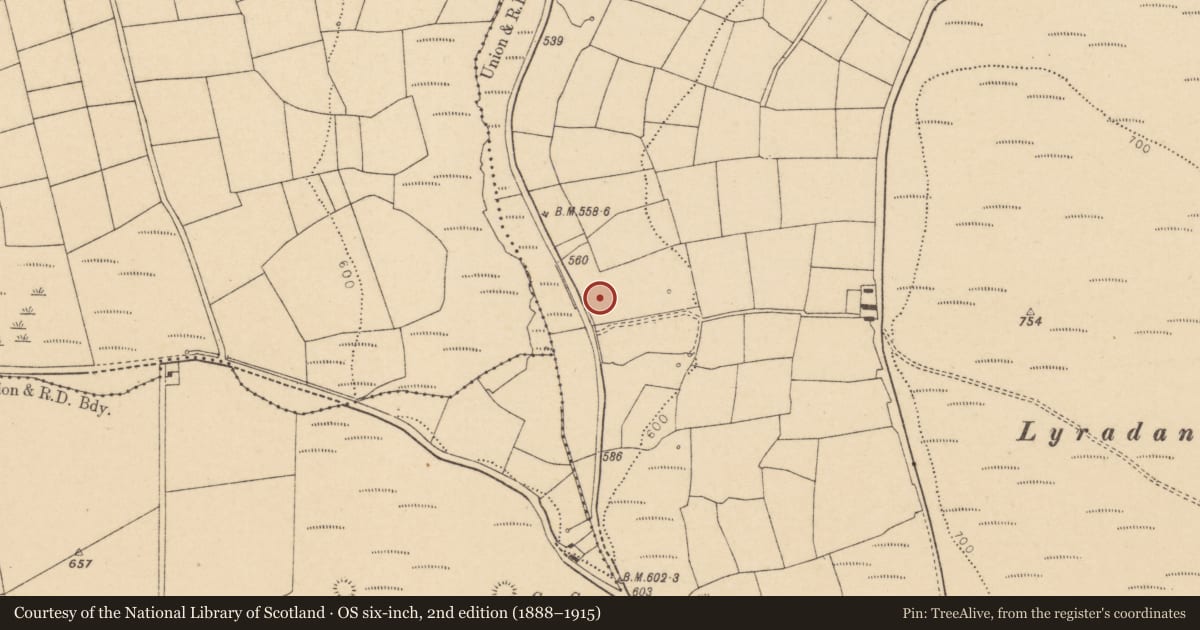 Ordnance Survey six-inch map, 2nd edition (1888–1915) covering the location of Fulacht fia, Lyradane, County Cork, with a pin at the register's coordinates