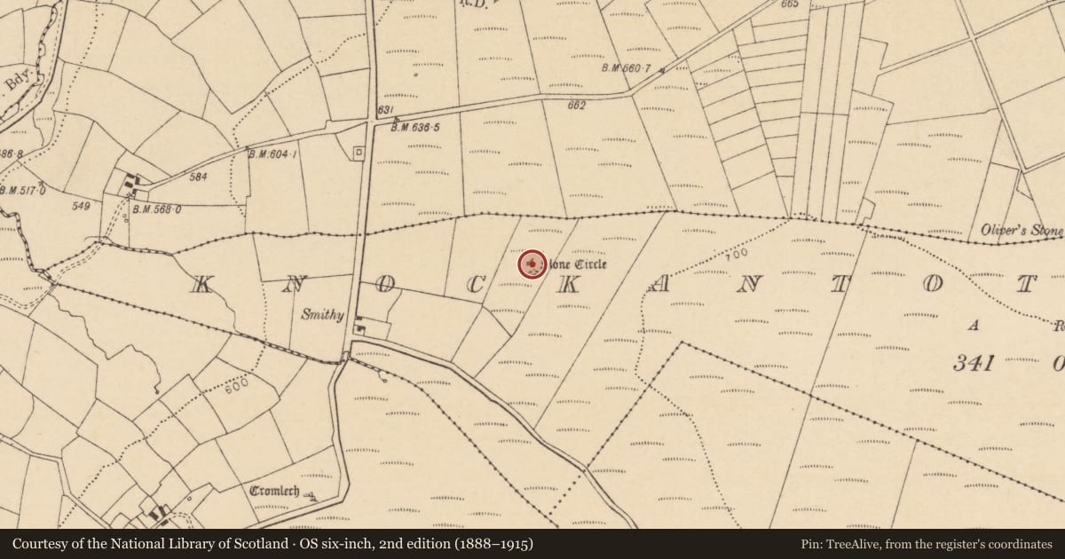 Ordnance Survey six-inch map, 2nd edition (1888–1915) covering the location of Stone circle - five-stone, Knockantota North, County Cork, with a pin at the register's coordinates