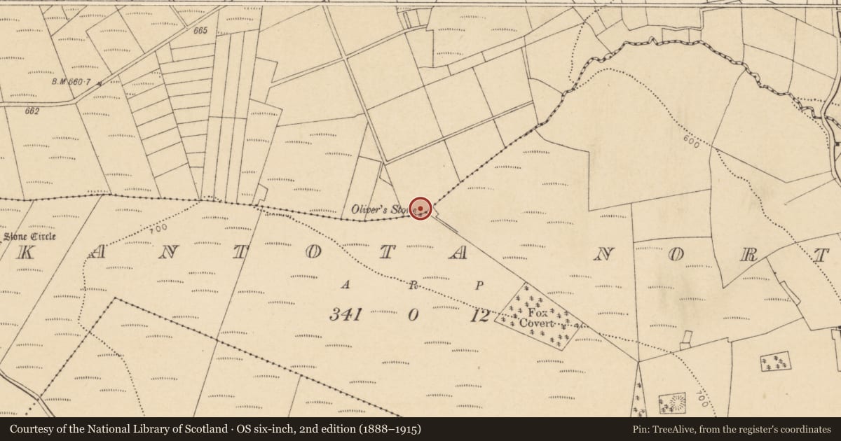 Ordnance Survey six-inch map, 2nd edition (1888–1915) covering the location of Standing stone, Ballyhilloge, Knockantota North, County Cork, with a pin at the register's coordinates