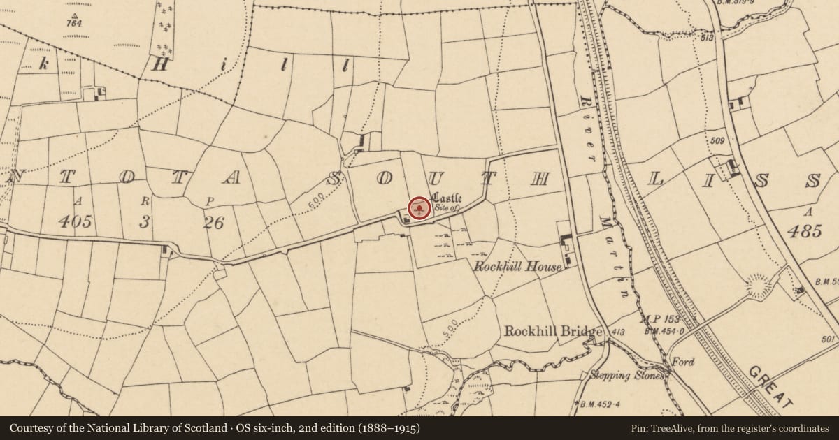 Ordnance Survey six-inch map, 2nd edition (1888–1915) covering the location of Castle - Anglo-Norman masonry castle, Knockantota South, County Cork, with a pin at the register's coordinates