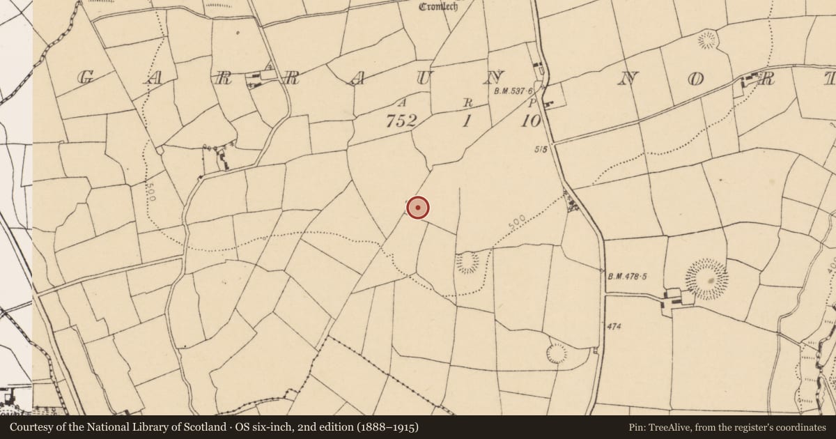 Ordnance Survey six-inch map, 2nd edition (1888–1915) covering the location of Fulacht fia, Garraun North, County Cork, with a pin at the register's coordinates