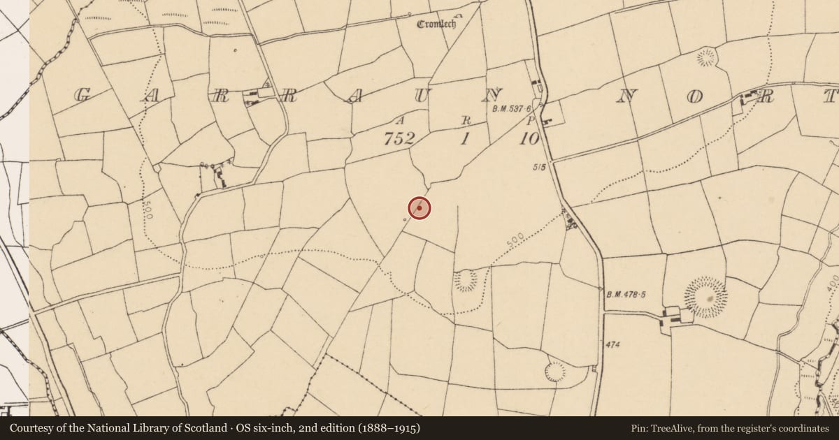 Ordnance Survey six-inch map, 2nd edition (1888–1915) covering the location of Fulacht fia, Garraun North, County Cork, with a pin at the register's coordinates