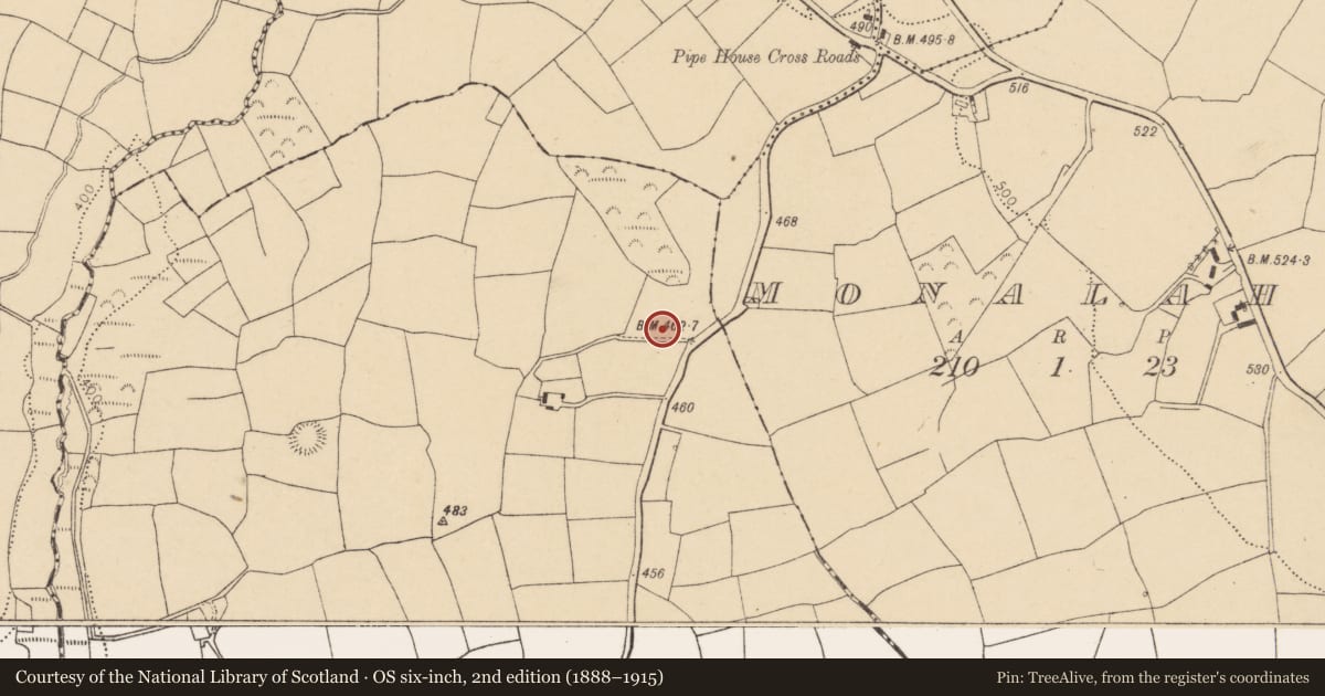 Ordnance Survey six-inch map, 2nd edition (1888–1915) covering the location of Fulacht fia, Courtbrack, County Cork, with a pin at the register's coordinates