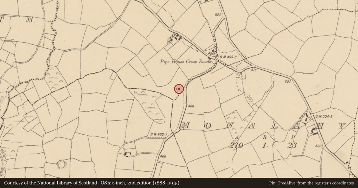 Ordnance Survey six-inch map, 2nd edition (1888–1915) covering the location of Fulacht fia, Garryadeen, County Cork, with a pin at the register's coordinates
