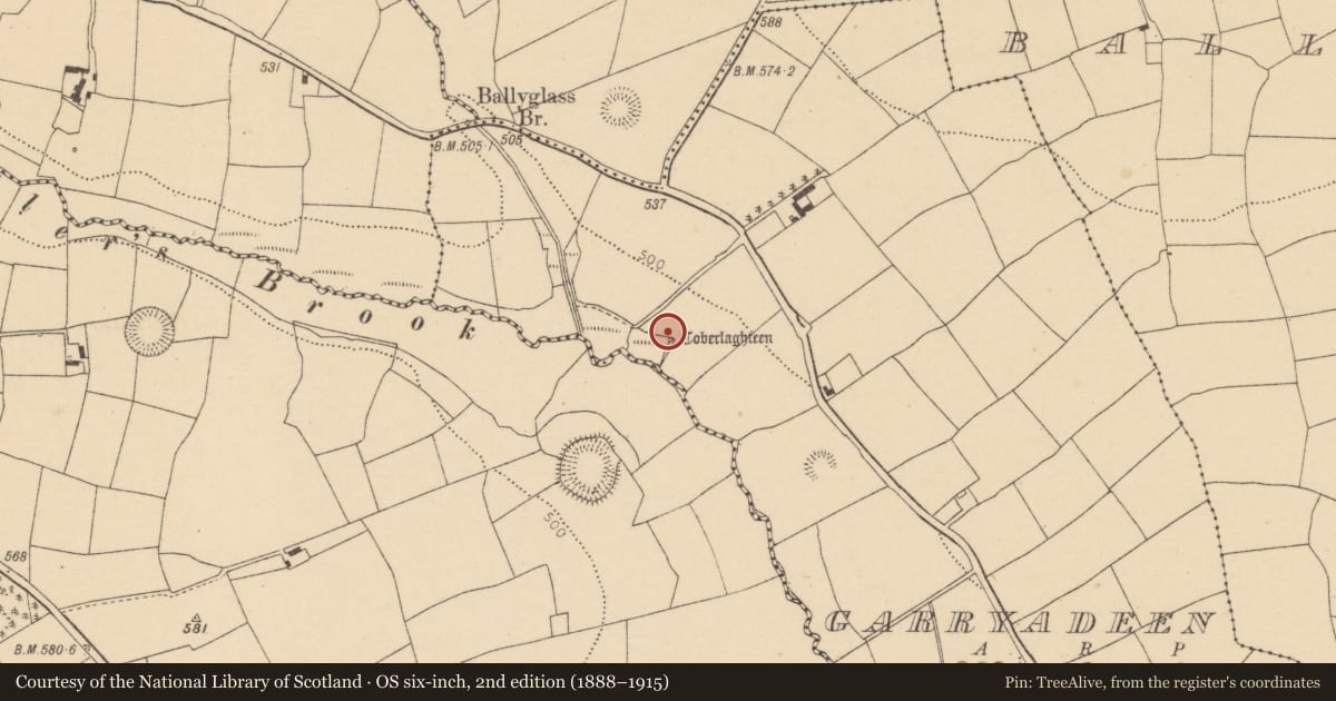 Ordnance Survey six-inch map, 2nd edition (1888–1915) covering the location of Ritual site - holy well, Garryadeen, County Cork, with a pin at the register's coordinates