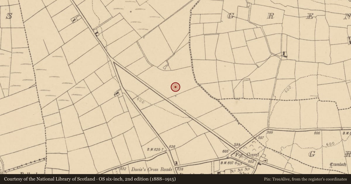 Ordnance Survey six-inch map, 2nd edition (1888–1915) covering the location of Fulacht fia, Ballymorisheen, County Cork, with a pin at the register's coordinates