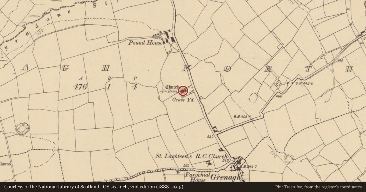 Ordnance Survey six-inch map, 2nd edition (1888–1915) covering the location of Church, Grenagh North, County Cork, with a pin at the register's coordinates