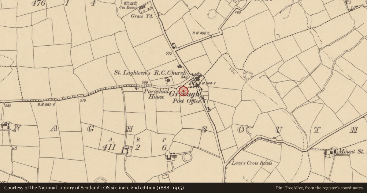 Ordnance Survey six-inch map, 2nd edition (1888–1915) covering the location of Standing stone, Grenagh South, County Cork, with a pin at the register's coordinates